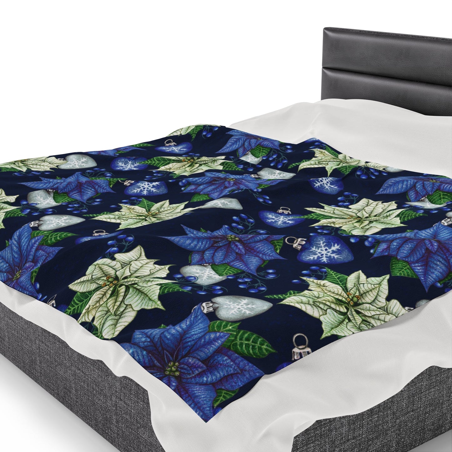 Blue Poinsettia Flower Velveteen Plush Blanket - NY GIftcraft