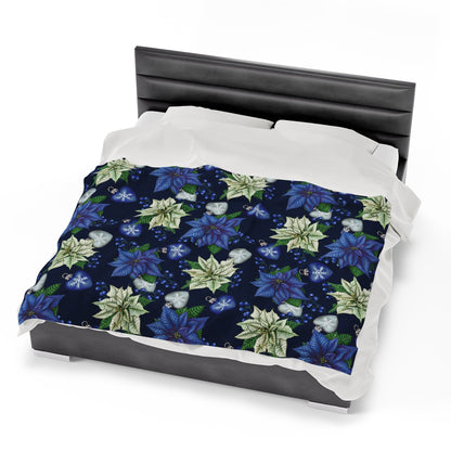 Blue Poinsettia Flower Velveteen Plush Blanket - NY GIftcraft