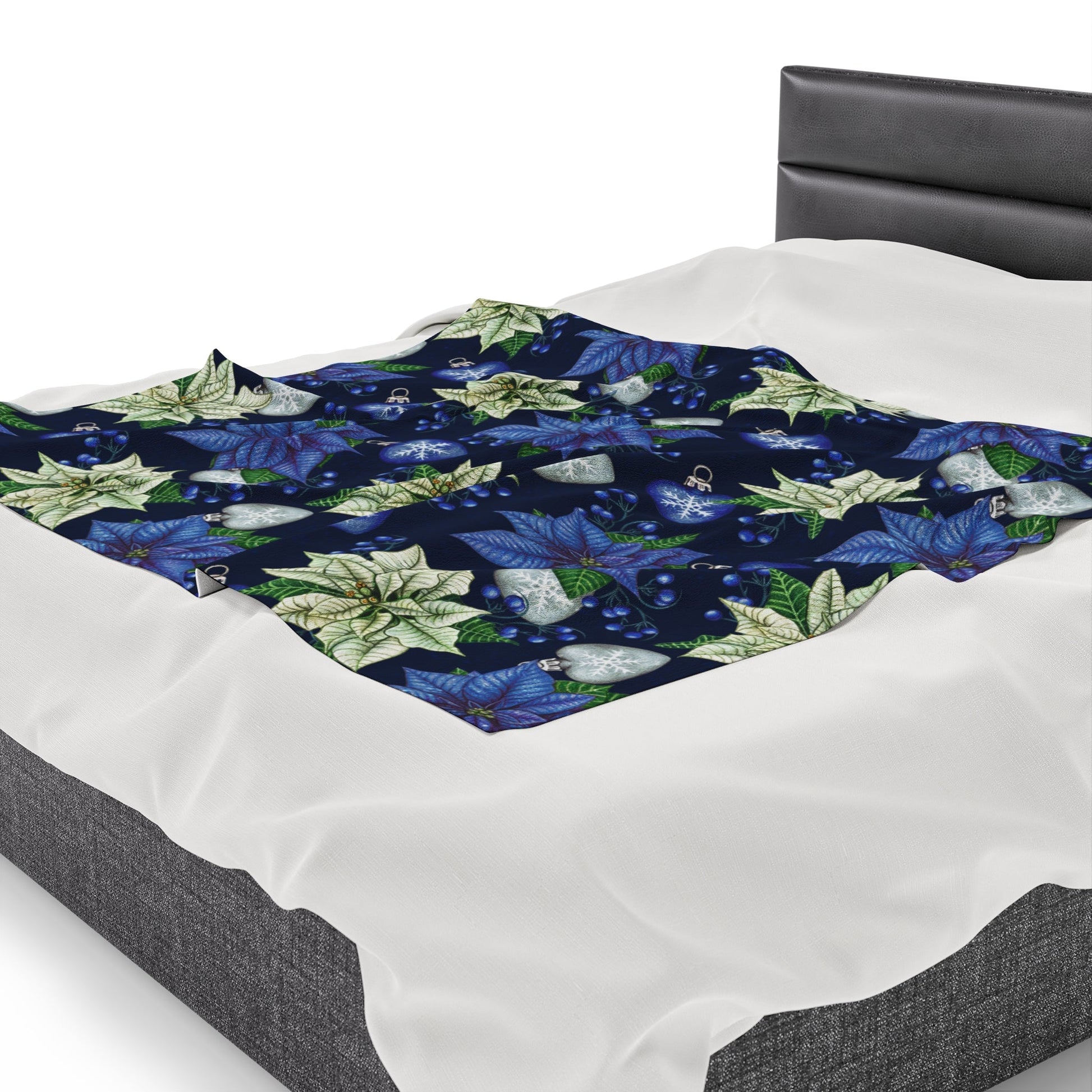 Blue Poinsettia Flower Velveteen Plush Blanket - NY GIftcraft