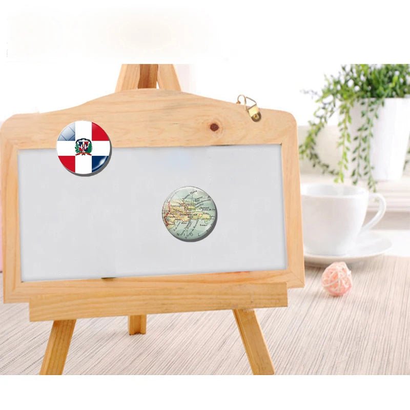 Dominican Republic flag or map refrigerator magnet. Glass dome, refrigerator magnet, memo holder, home decoration. - NY GIftcraft