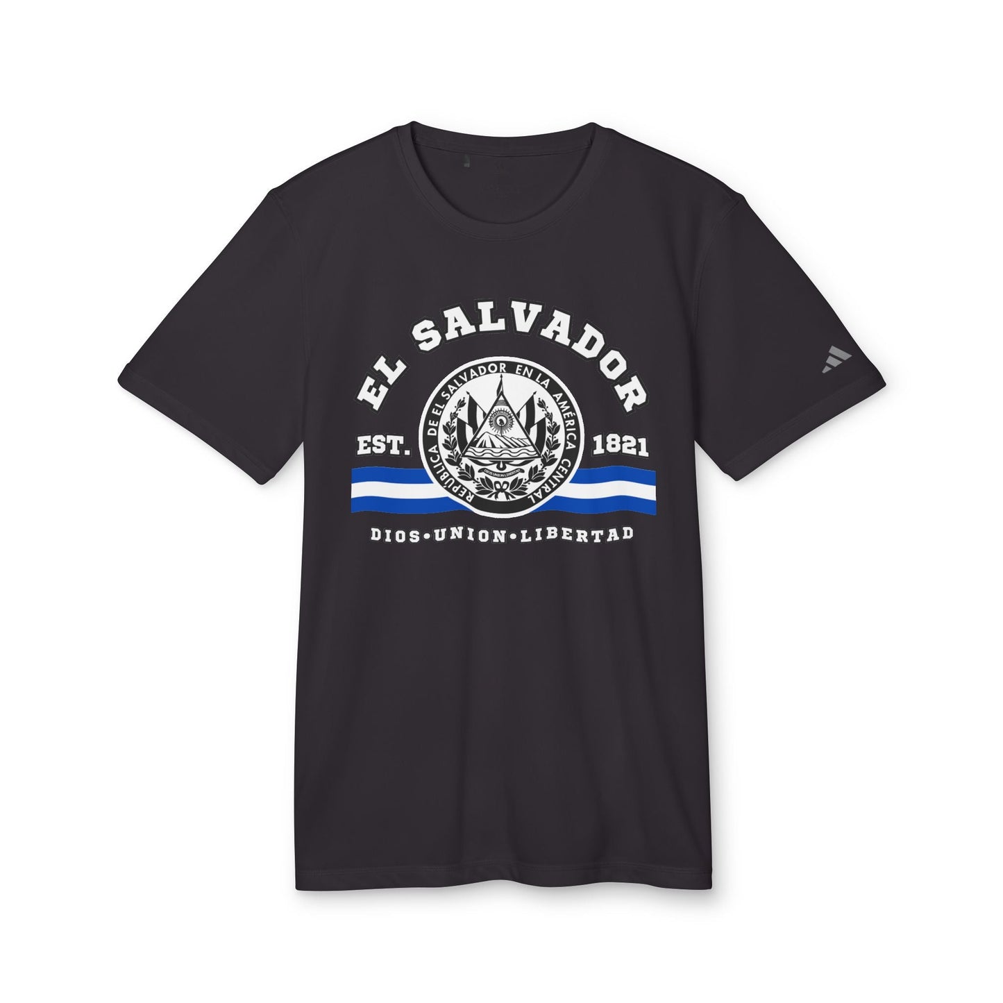 El Salvador adidas® Unisex Sport T-shirt, UPF 50+ protection, Exclusive printed design on the front was created and printed by our store. - NY GIftcraft