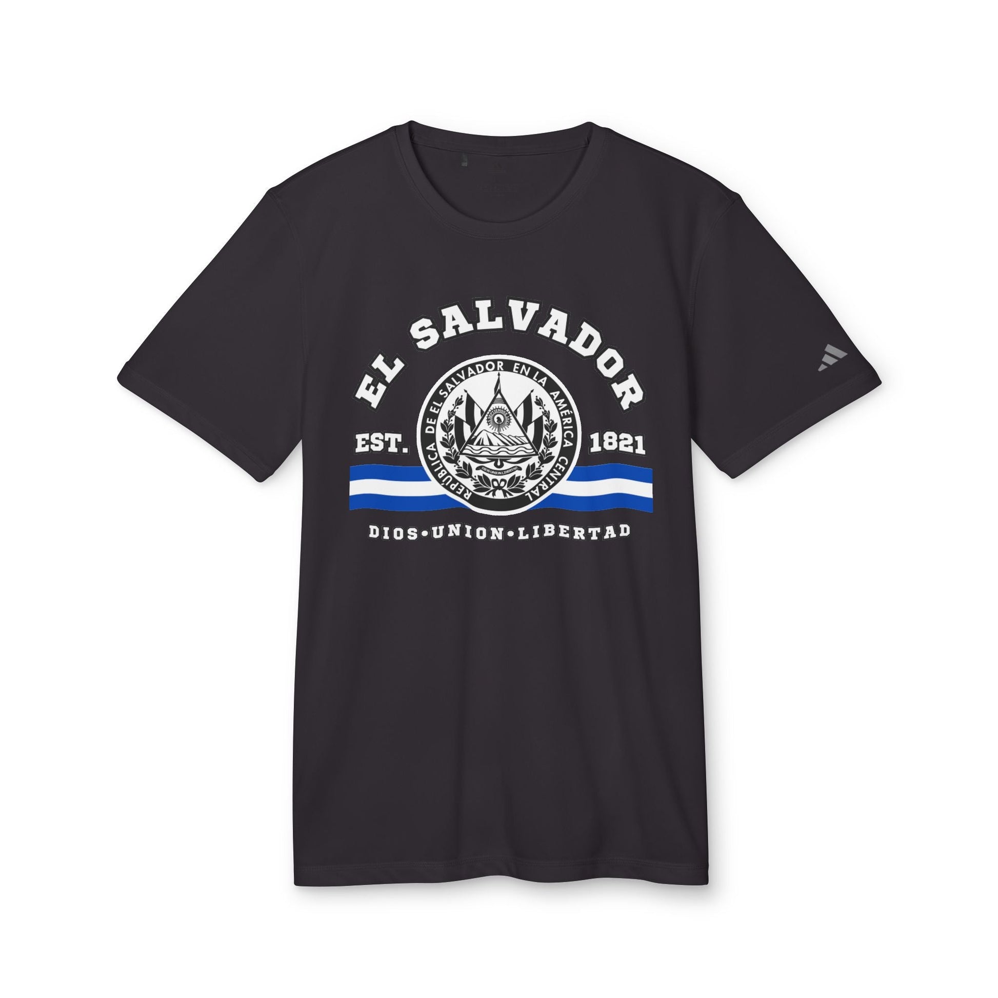 El Salvador adidas® Unisex Sport T-shirt, UPF 50+ protection, Exclusive printed design on the front was created and printed by our store. - NY GIftcraft