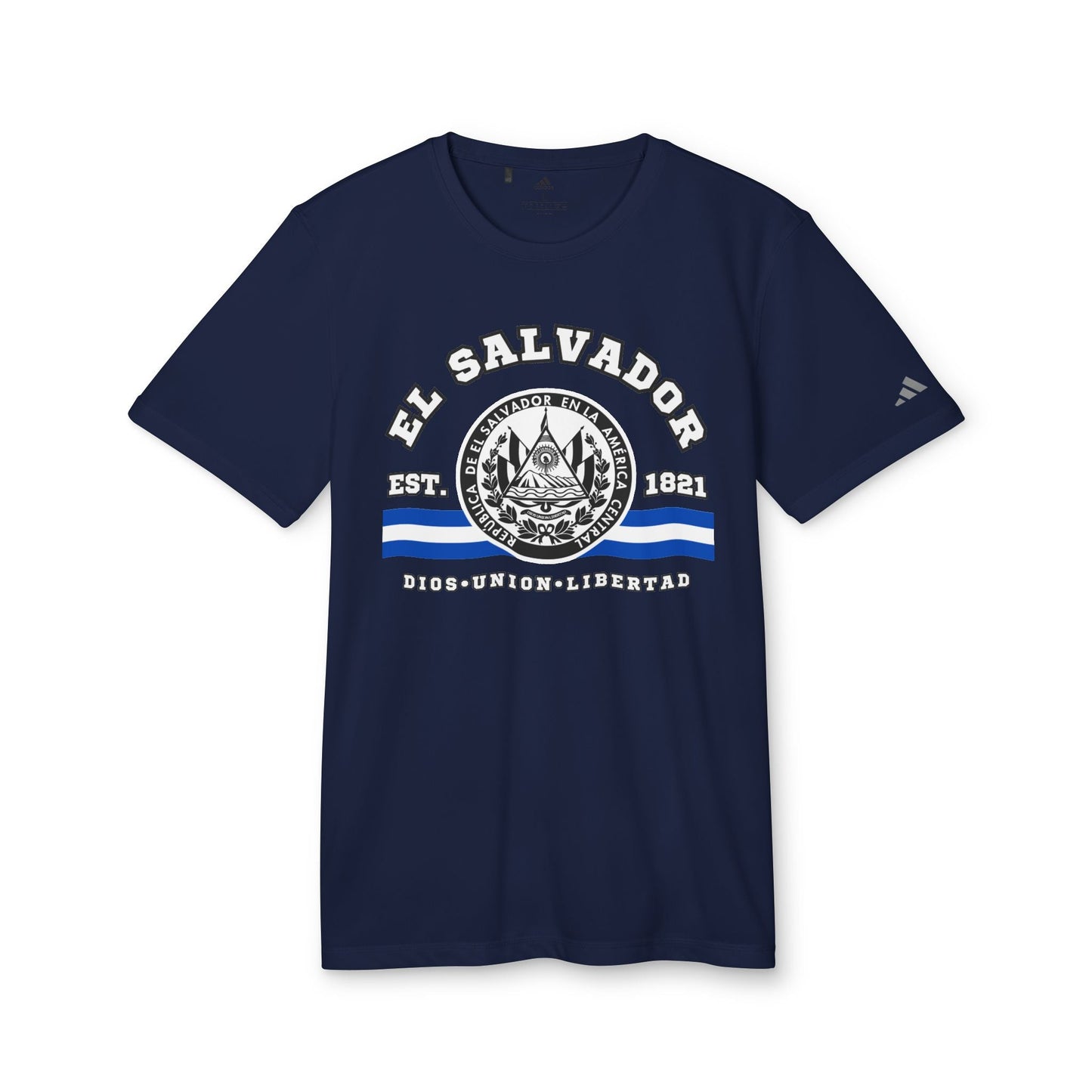 El Salvador adidas® Unisex Sport T-shirt, UPF 50+ protection, Exclusive printed design on the front was created and printed by our store. - NY GIftcraft