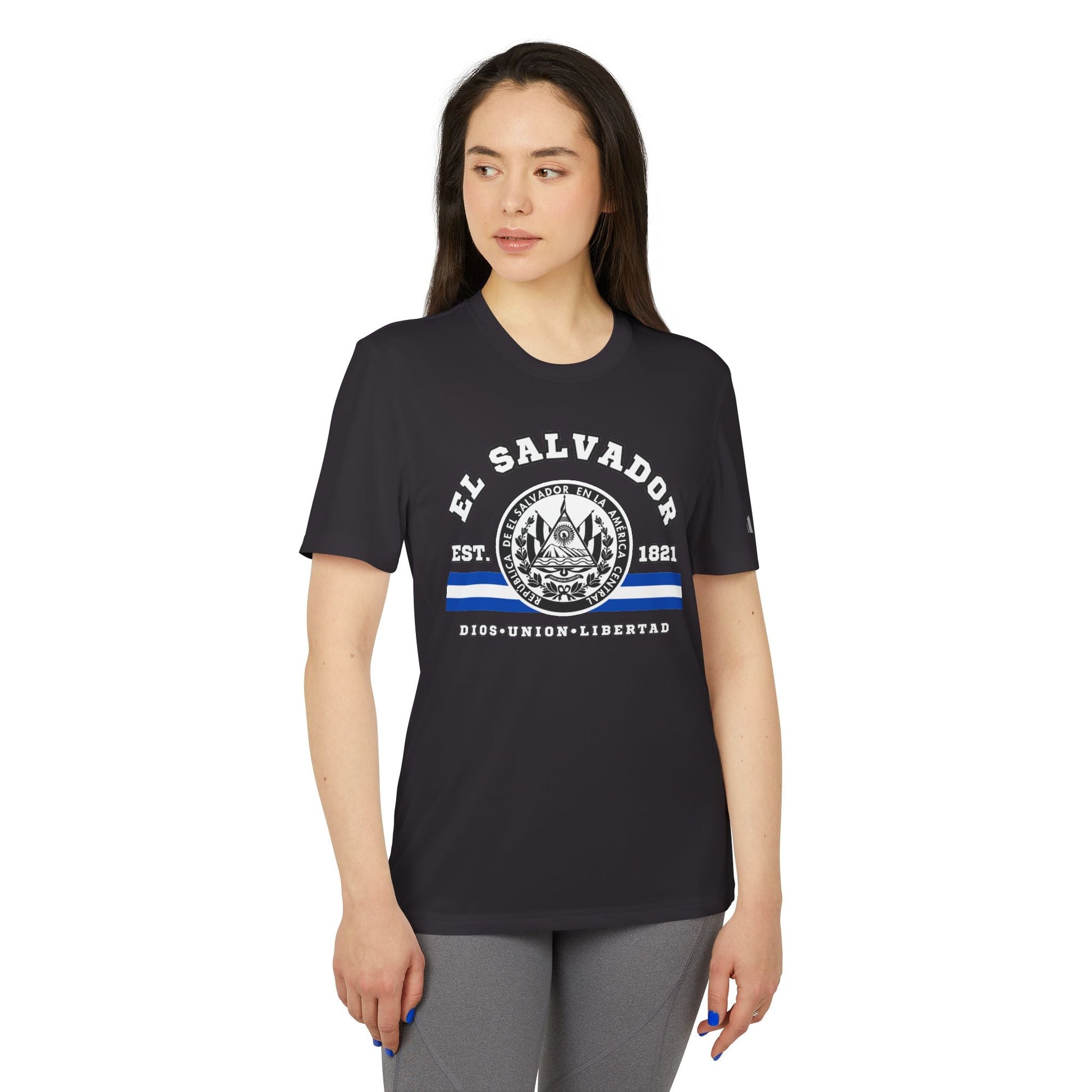 El Salvador adidas® Unisex Sport T-shirt, UPF 50+ protection, Exclusive printed design on the front was created and printed by our store. - NY GIftcraft