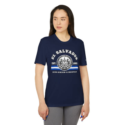 El Salvador adidas® Unisex Sport T-shirt, UPF 50+ protection, Exclusive printed design on the front was created and printed by our store. - NY GIftcraft