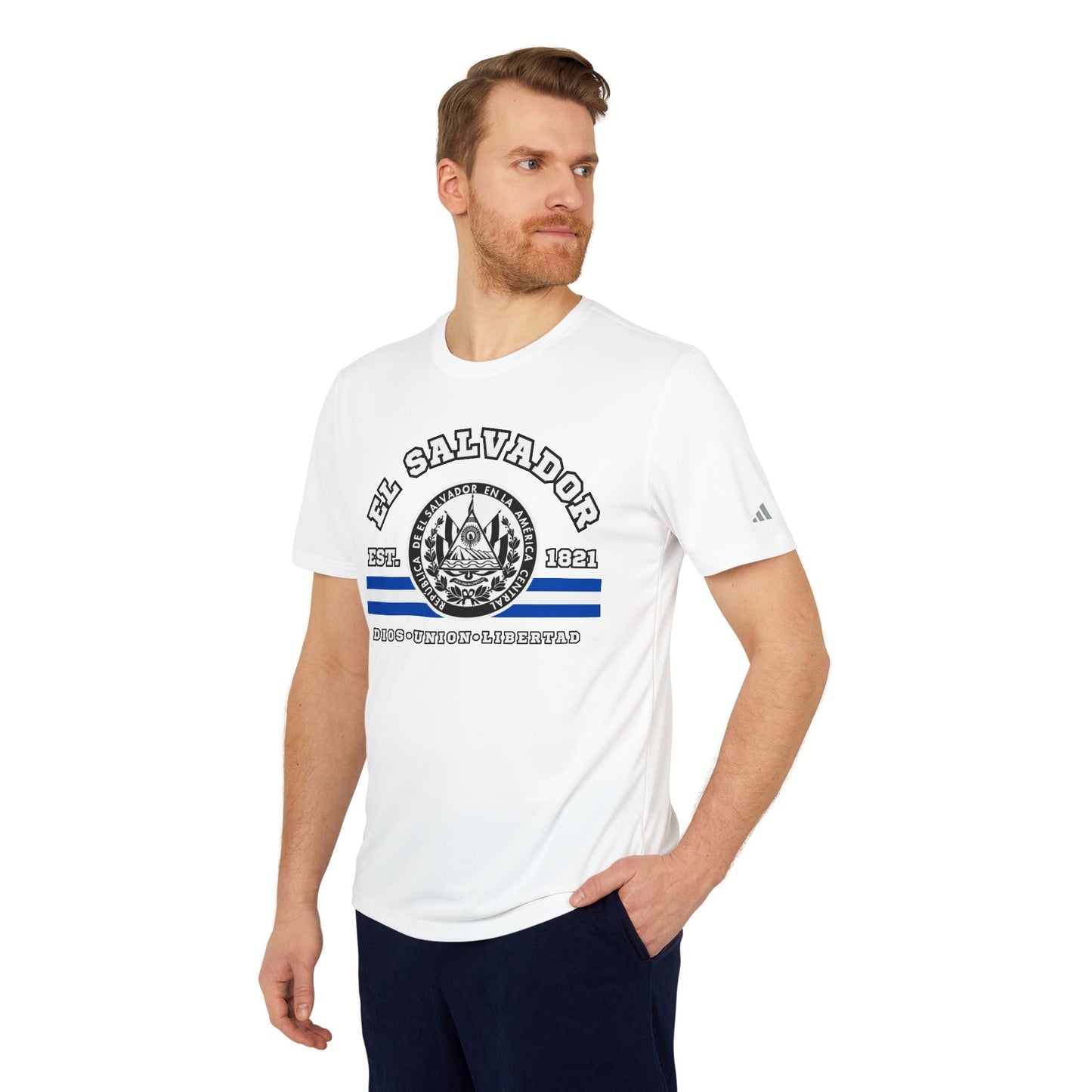 El Salvador adidas® Unisex Sport T-shirt, UPF 50+ protection, Exclusive printed design on the front was created and printed by our store. - NY GIftcraft