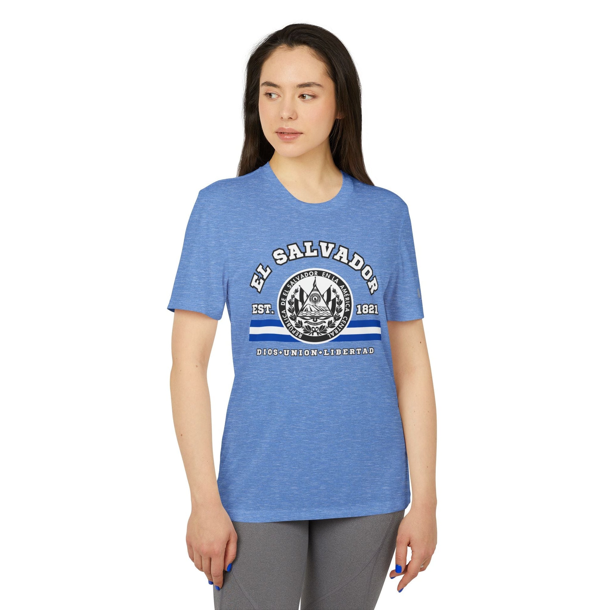 El Salvador adidas® Unisex Sport T-shirt, UPF 50+ protection, Exclusive printed design on the front was created and printed by our store. - NY GIftcraft